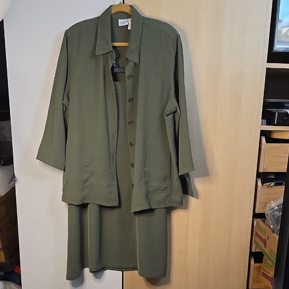 Koret Petite Olive Green Button-Up Jacket & A-Line Skirt Set 20P Gently Preloved